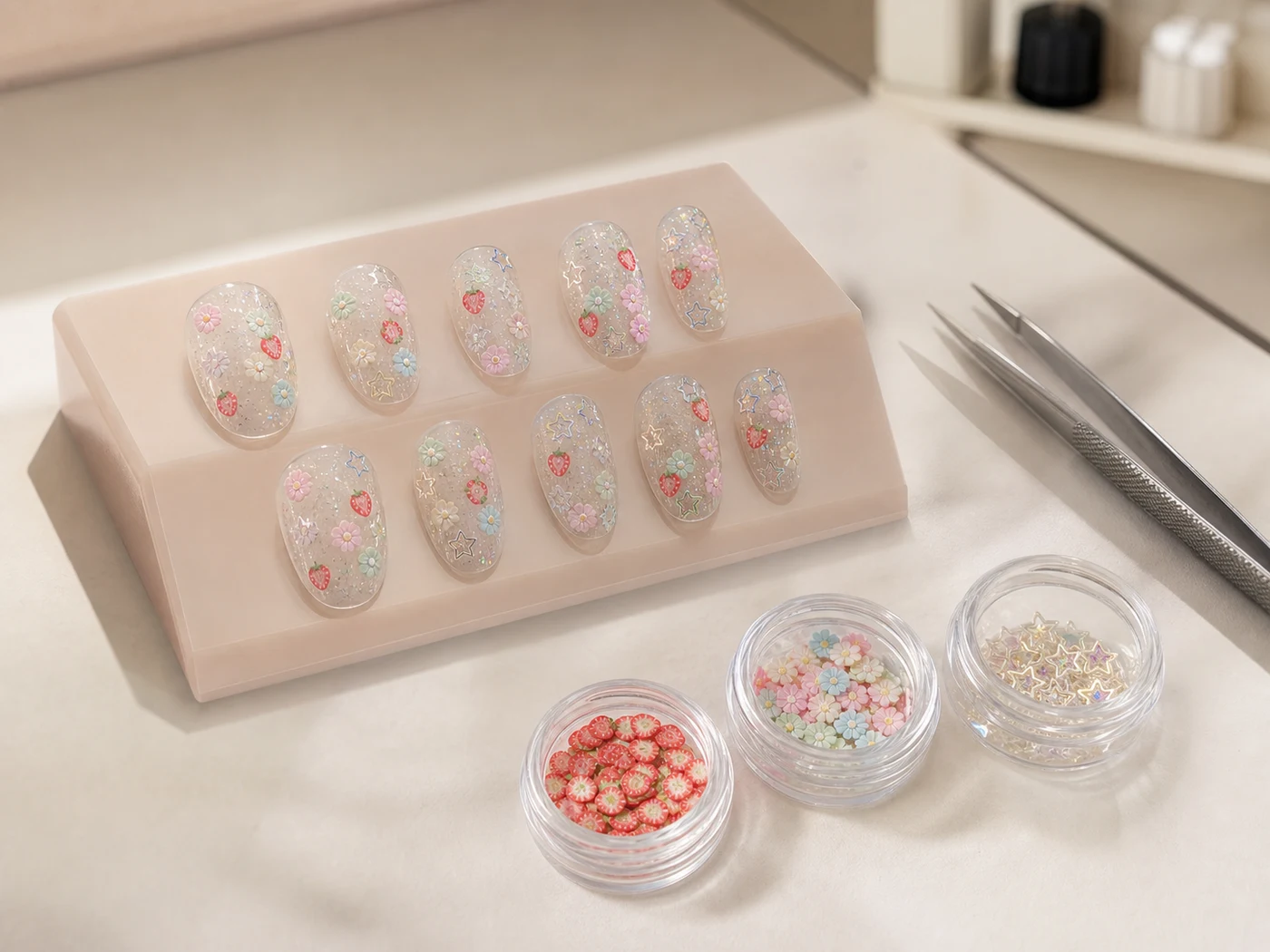Ten finished transparent press-on nails decorated with tiny strawberry slices, pastel flowers and hollow-star sequins