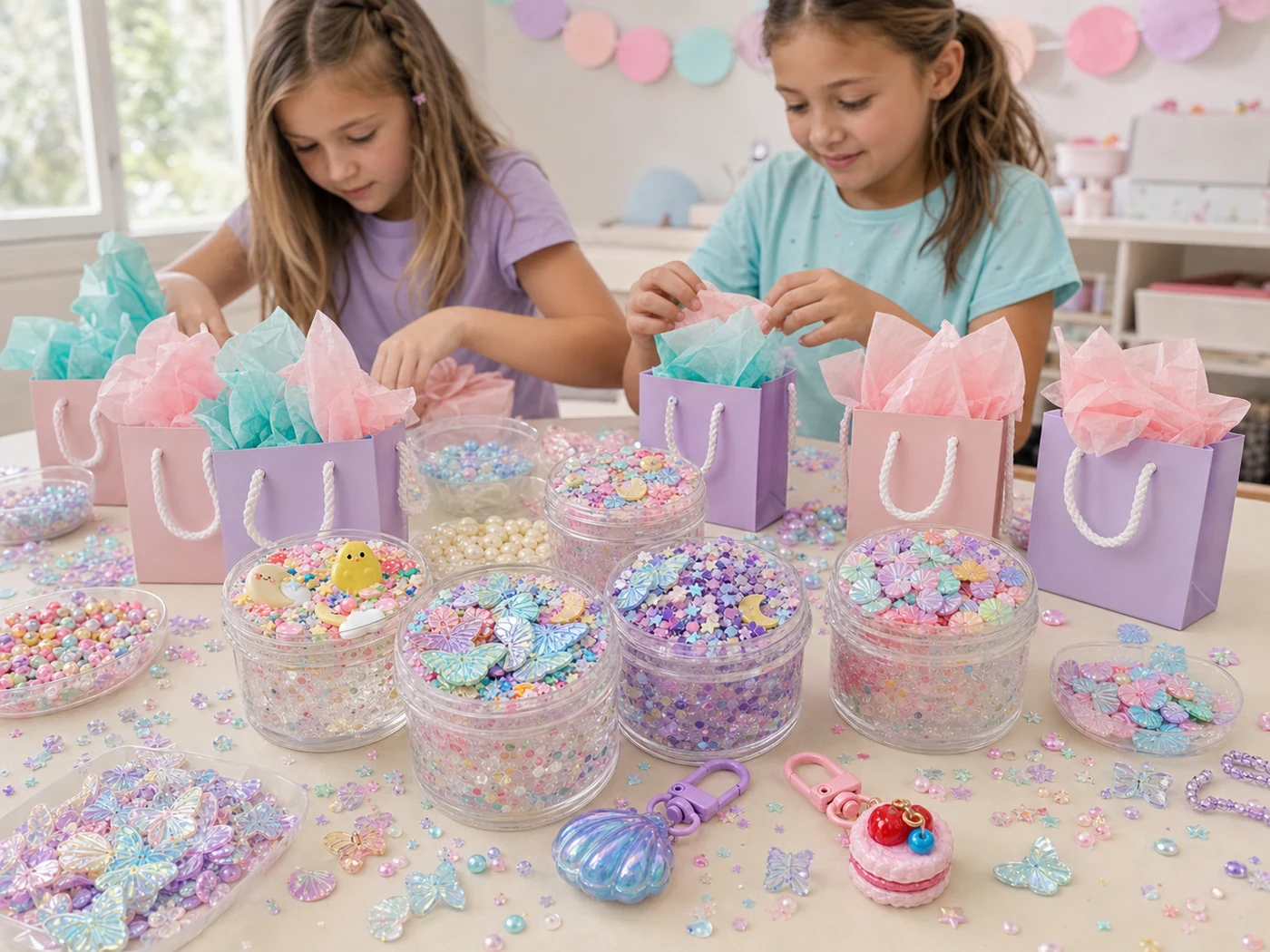 Children preparing finished slime favors, gift bags, sequins and keychains for a craft party