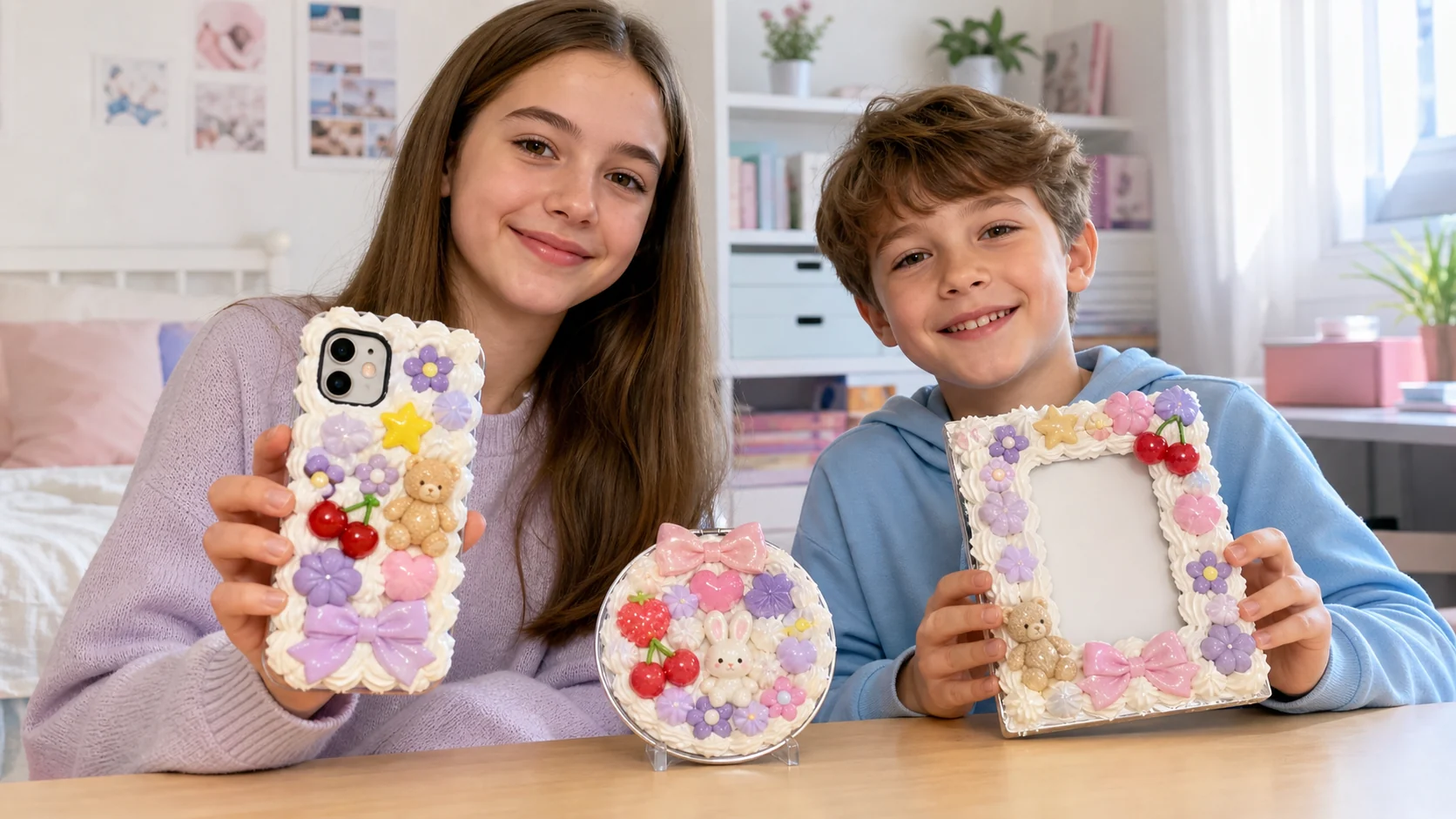 Finished-use concept showing a decorated phone case, frame and mirror made with flatback charms