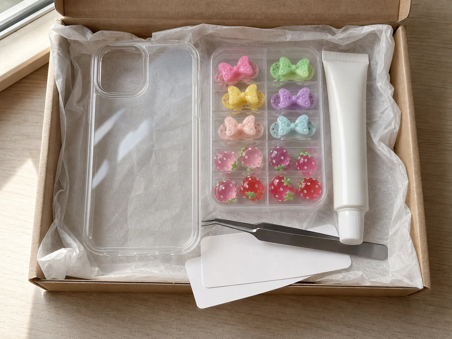 Decoden kit unboxing concept with flatback charms, piping tools and color-matched components