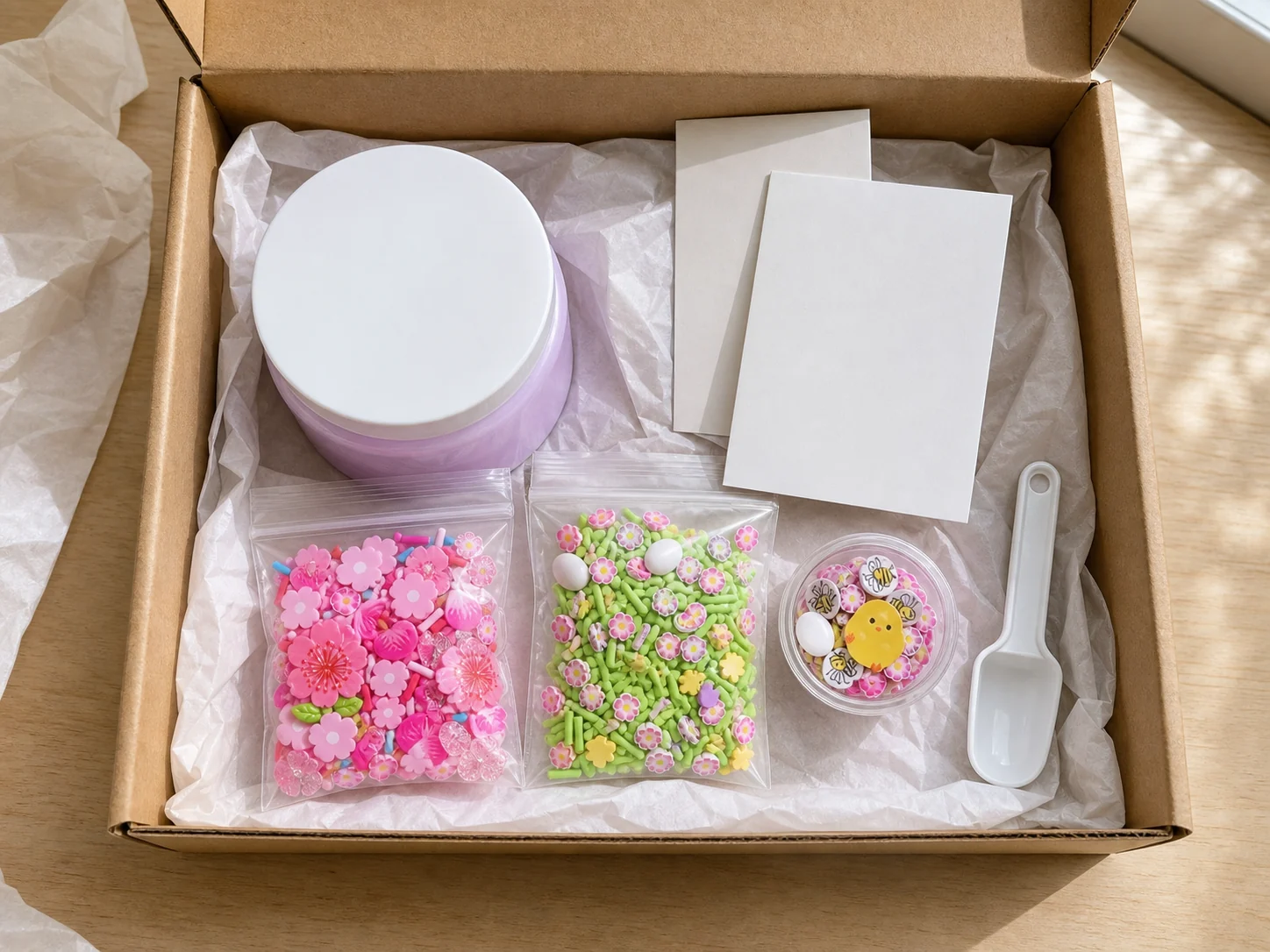 Unboxed slime craft kit concept with jars, toppings and organized components