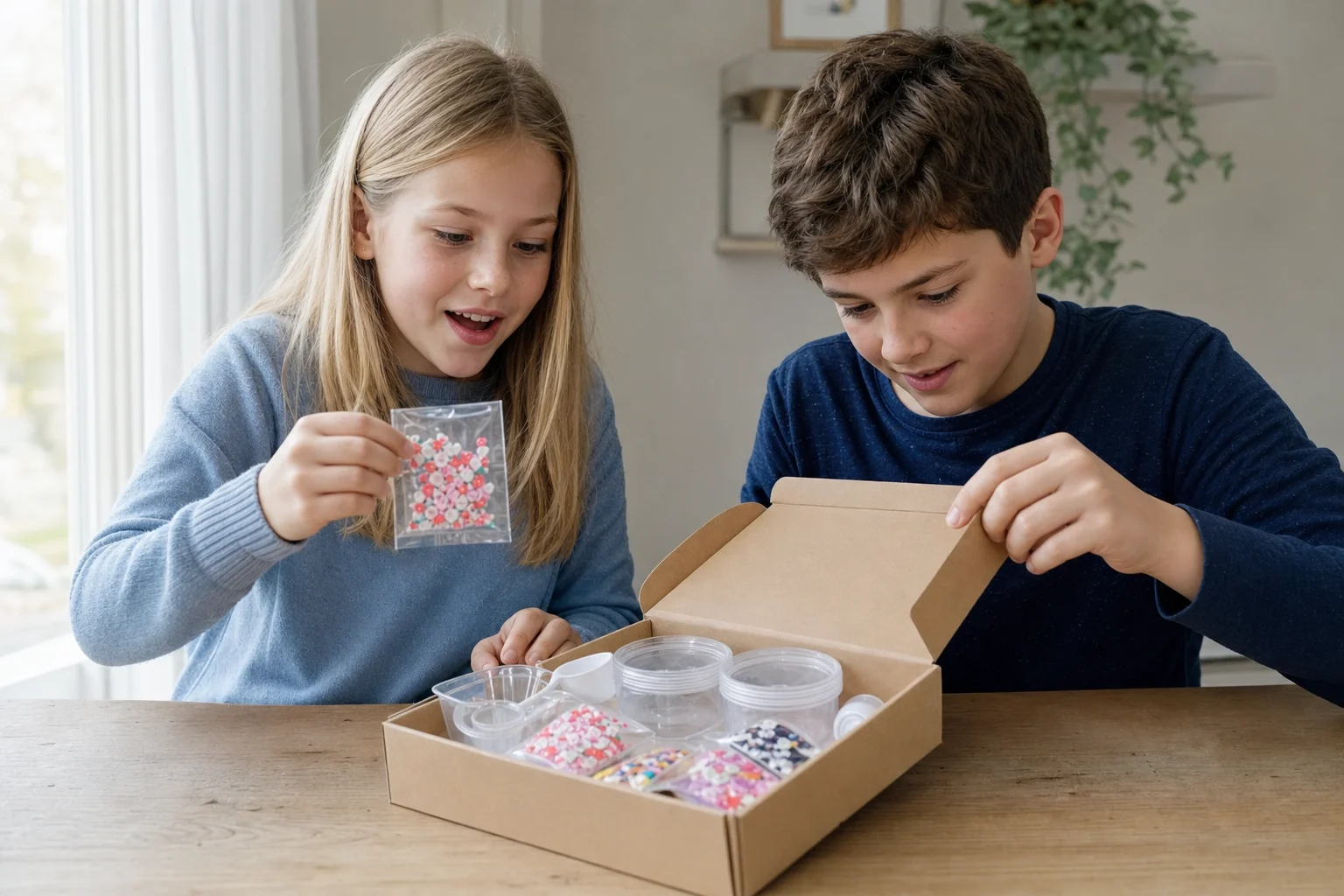 DIY kit application concept showing children opening a coordinated craft supply box