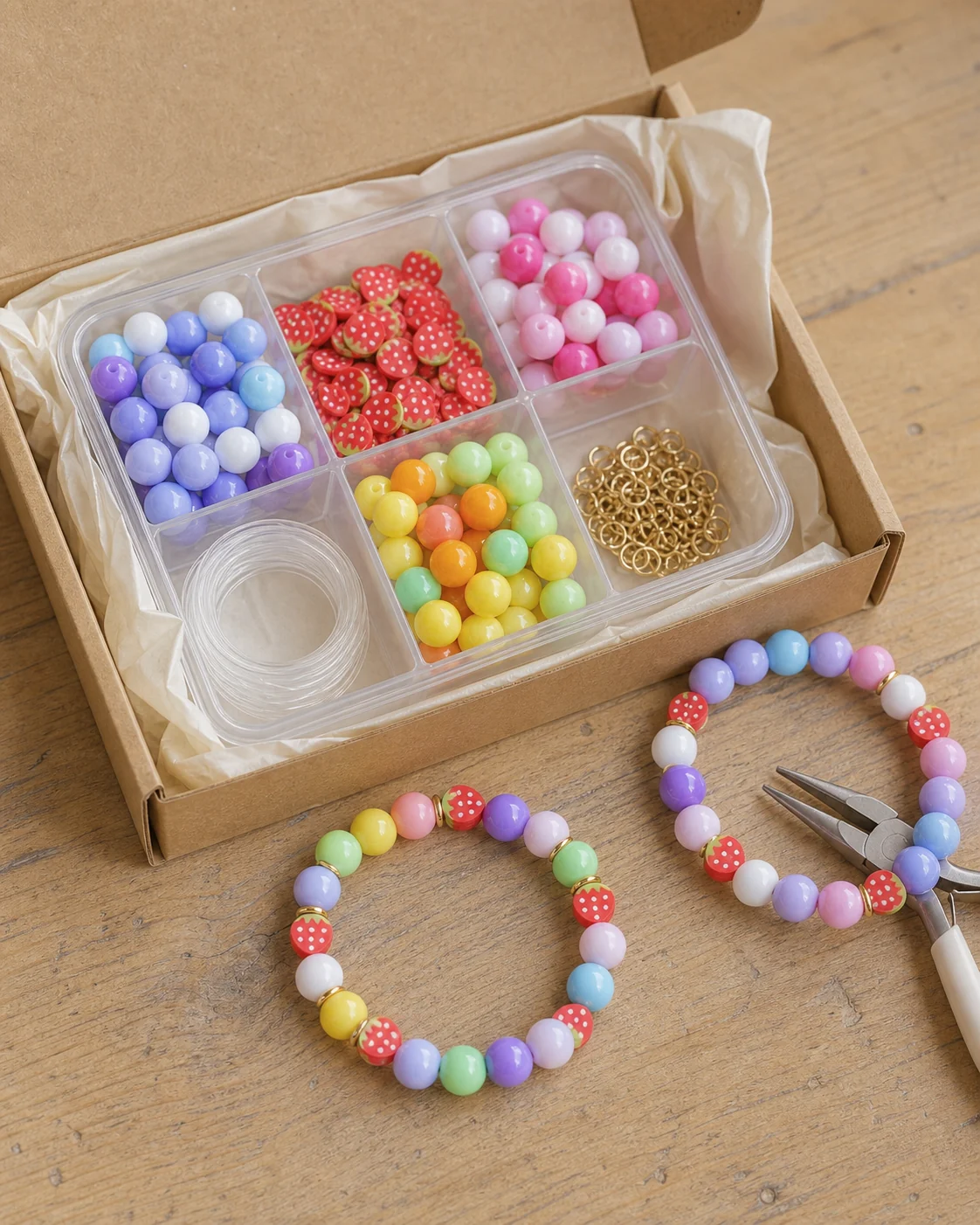 Bracelet kit application concept with sorted beads, charms and stringing parts