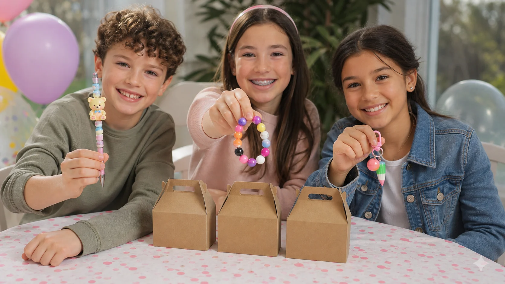 Finished-use concept showing children presenting party favor pens, bracelets and keychains