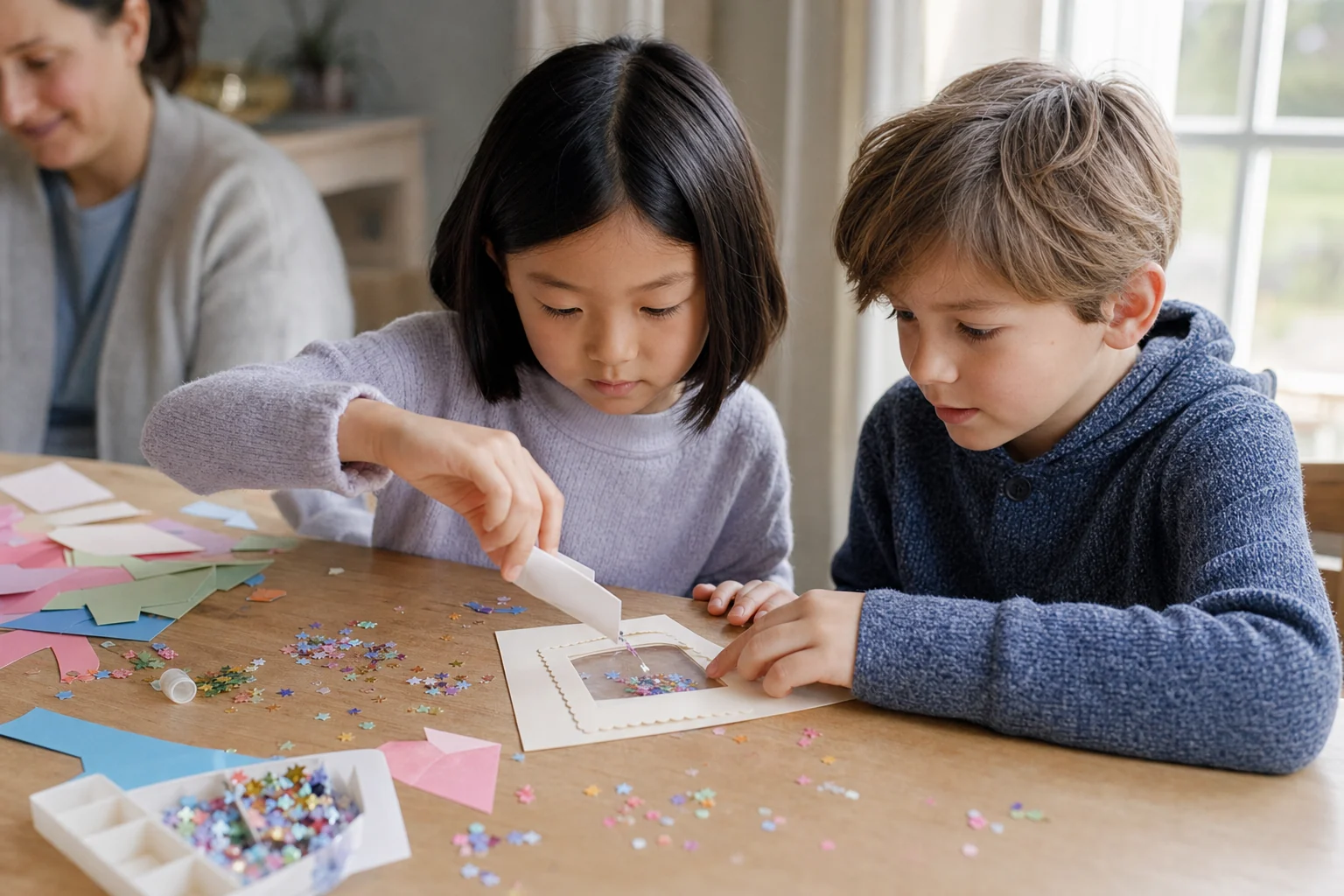 Craft activity concept showing children making sequin shaker cards for an event kit