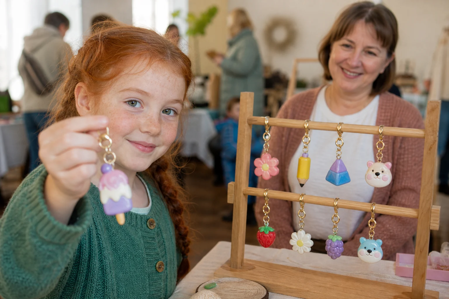 Finished-use concept showing keychains presented on a small craft market display