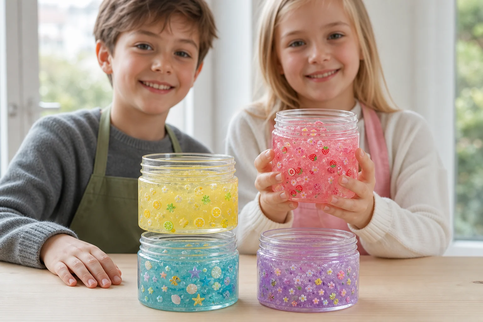 Finished-use concept showing four themed slime jars in retail-friendly colors