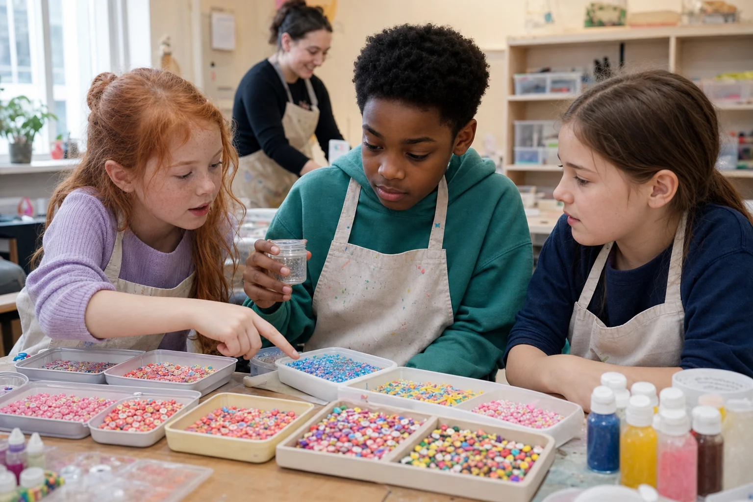Application concept of children selecting colorful slime toppings from organized trays