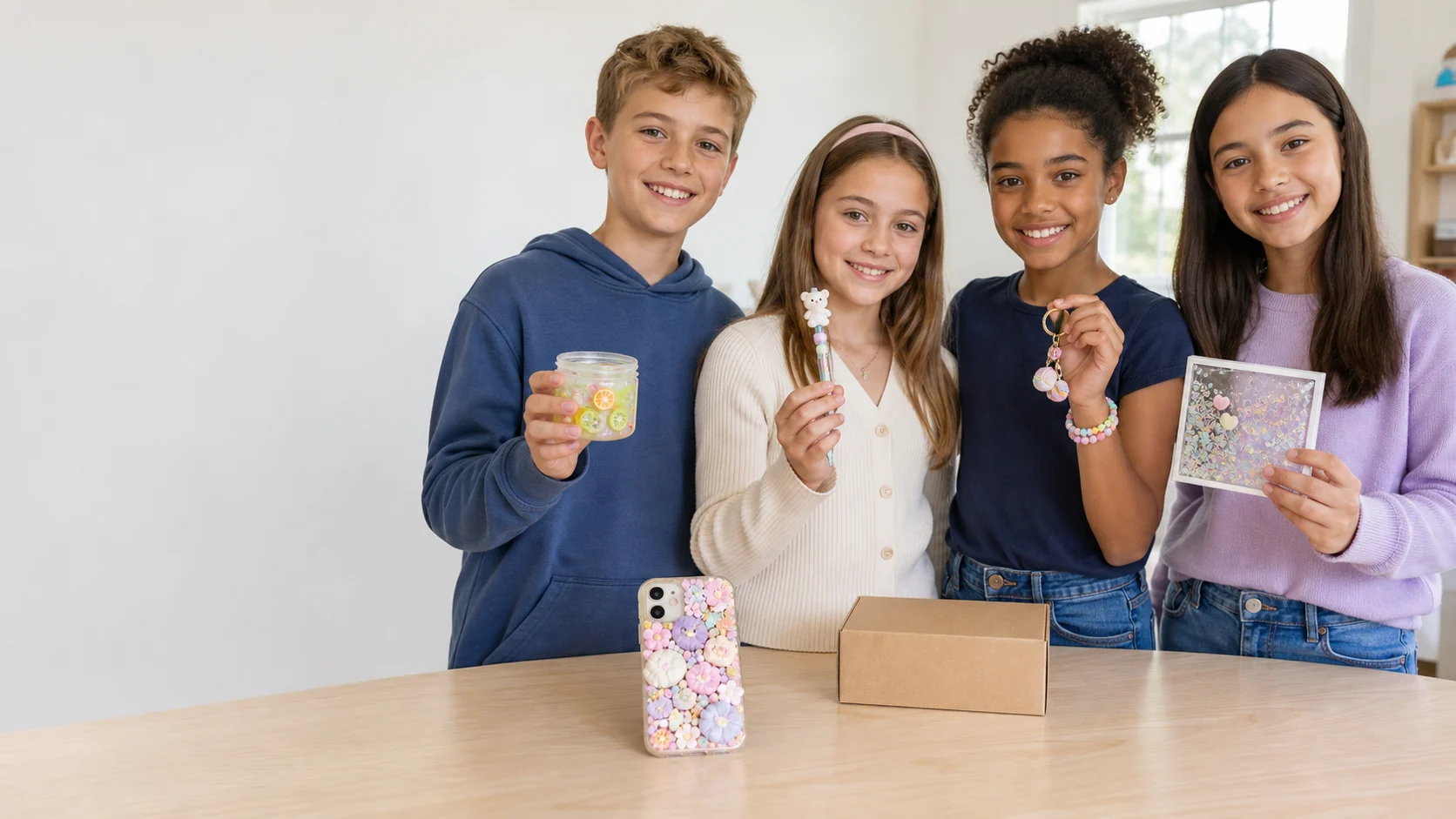Application concept showing a multi-category collection of slime, beadable pen, phone case and craft gift products