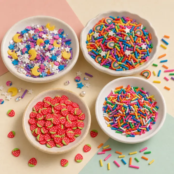 Polymer clay cane slices in fruit, candy and holiday themes