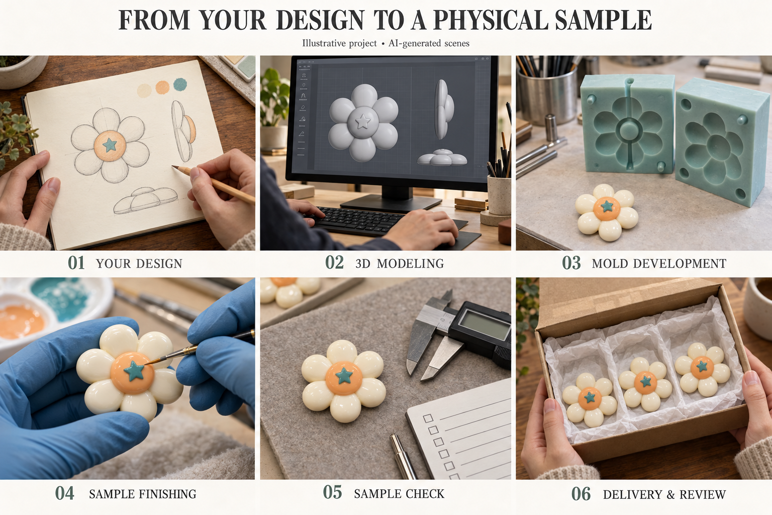 AI-generated resin process illustration: a flower sketch, digital model, mold development, sample finishing, sample check, and delivery for review.