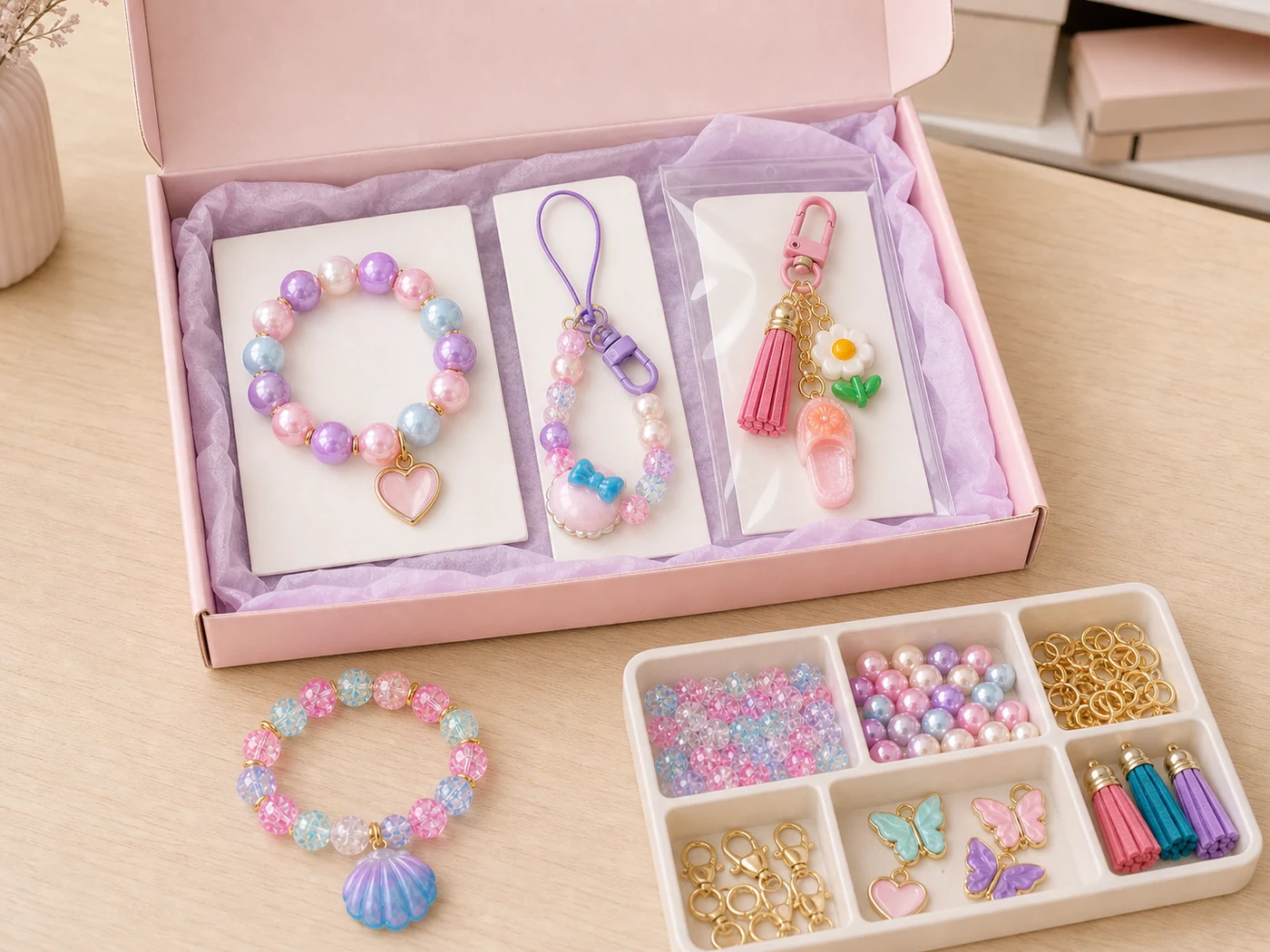 Gift box containing finished pastel bracelets, phone straps and charm keychains