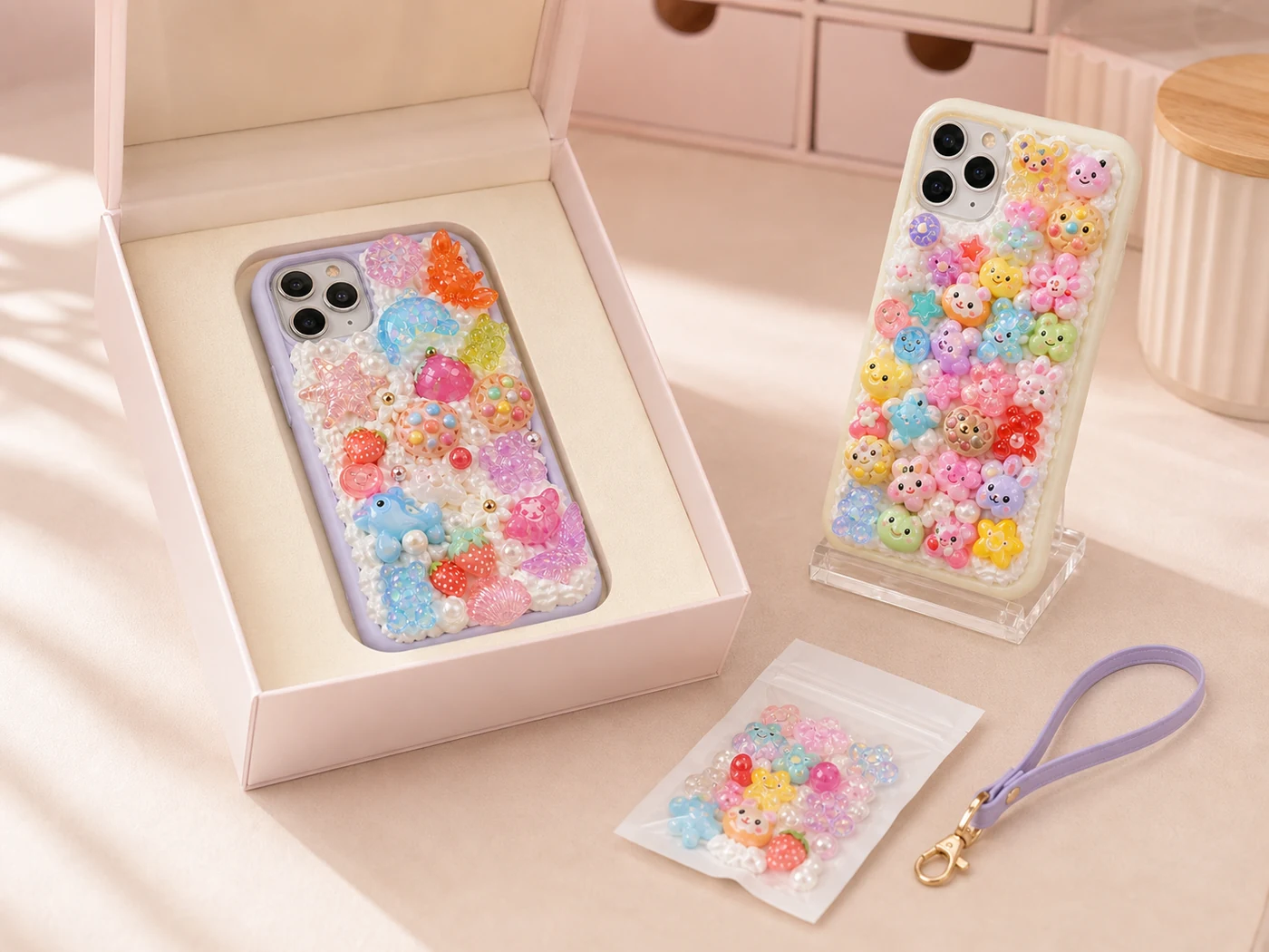 Finished decoden phone cases presented in a gift box with spare charms and wrist strap