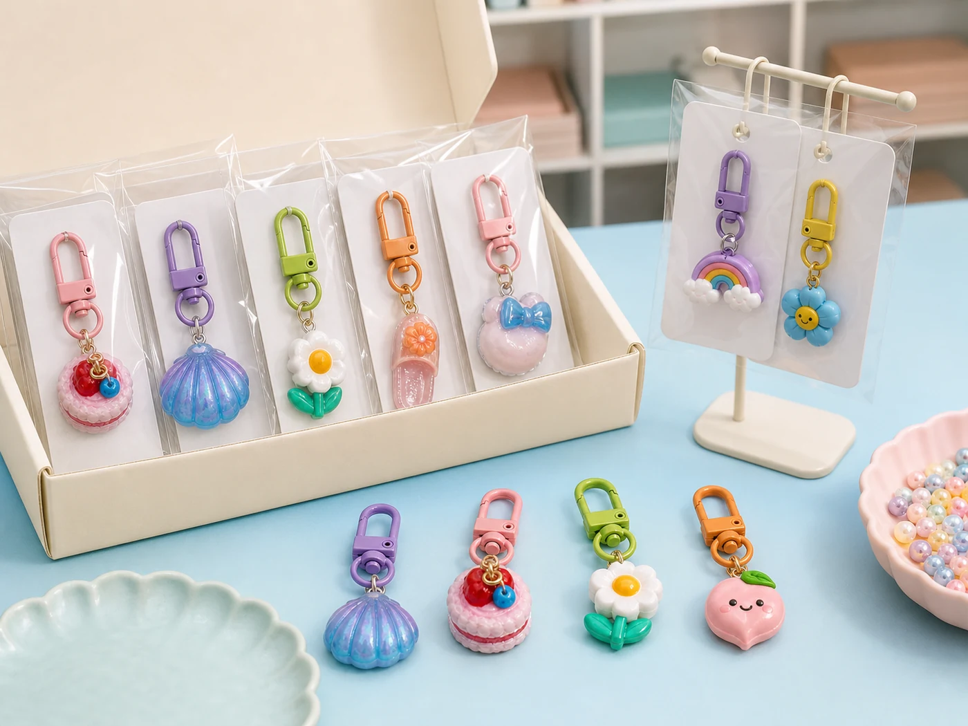 Finished pastel keychains on blank retail cards and a tabletop display hook