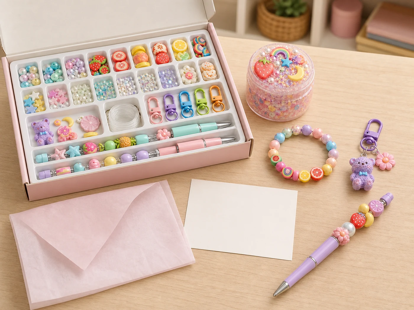 Open retail DIY craft kit with compartments and finished slime jar, bracelet, keychain and beadable pen