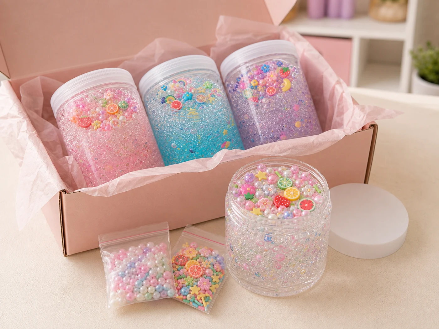 Open retail box with finished topped slime jars and matching sprinkle packets