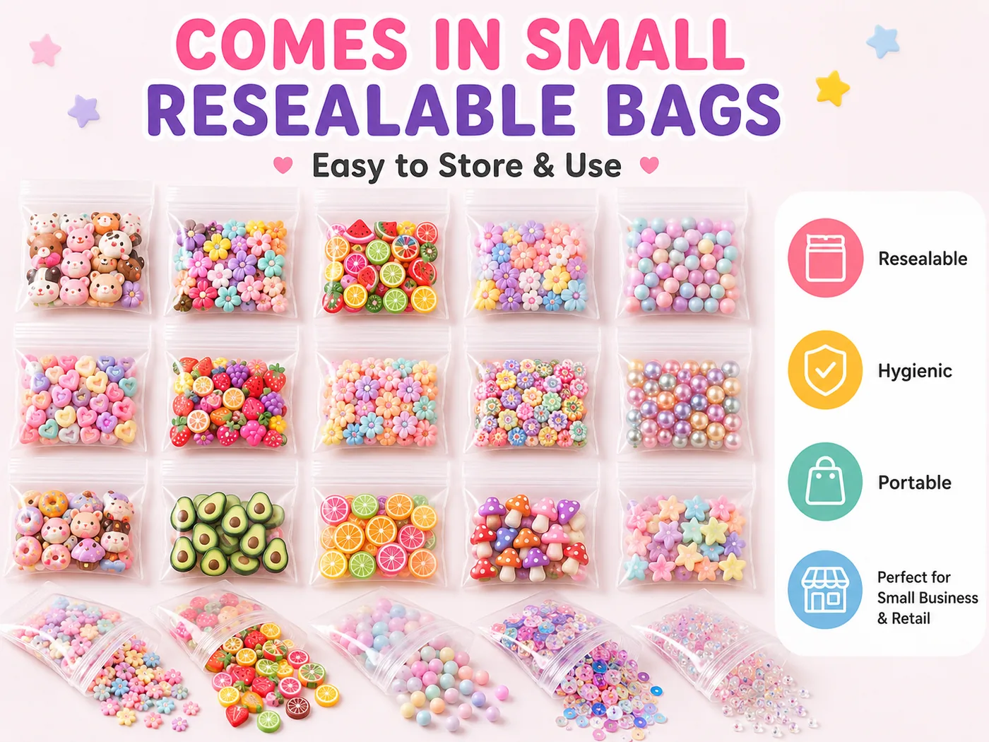 Craft supplies packed in small resealable bags for retail