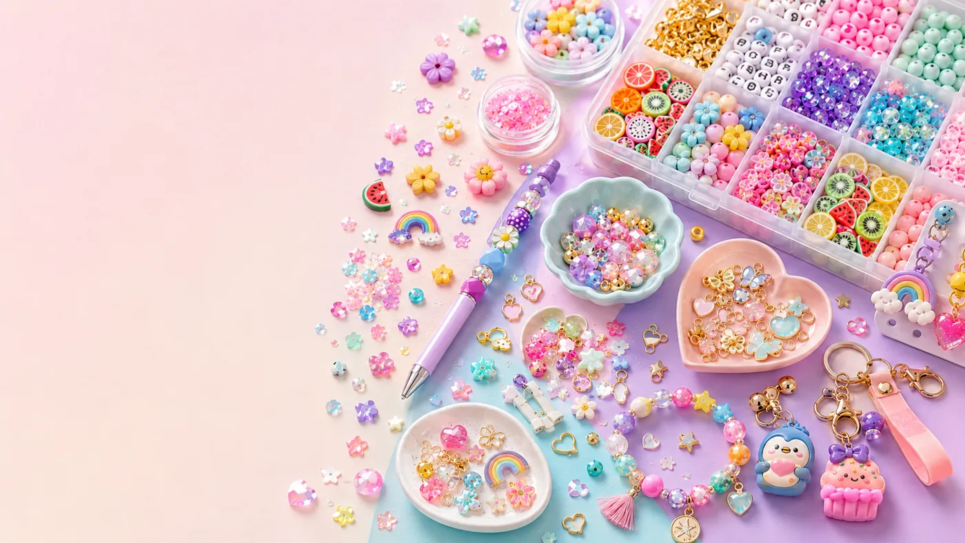 Mixed assortment of craft beads, charms and decorative supplies prepared for a small test order