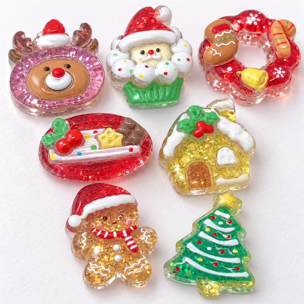 RW25863 Wholesale Mixed Christmas Resin Slime Charms with Tree, Reindeer, Snowman and Gingerbread Designs detail view