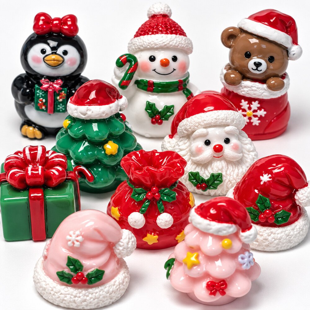 RW26022 Wholesale Christmas Miniature Ornament Set with Snowman, Santa, Tree and Gift Box Designs detail view
