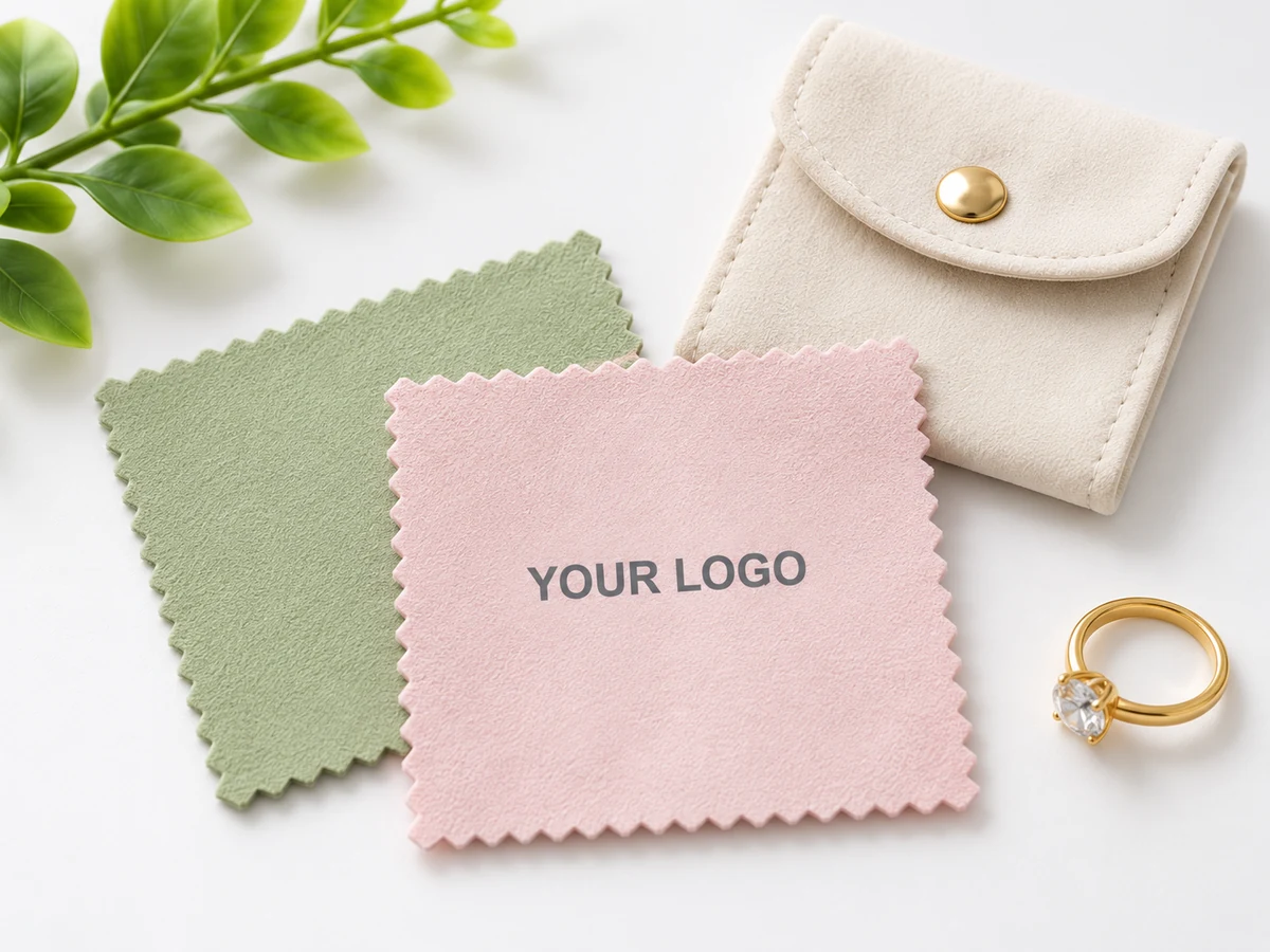 Illustrative pink and sage jewelry cloths with YOUR LOGO placement on the pink cloth, beside a jewelry pouch and ring