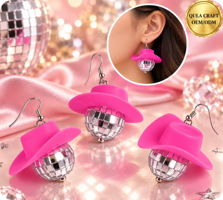 YV353 Pink Hat Mirror Ball Dangle Earrings