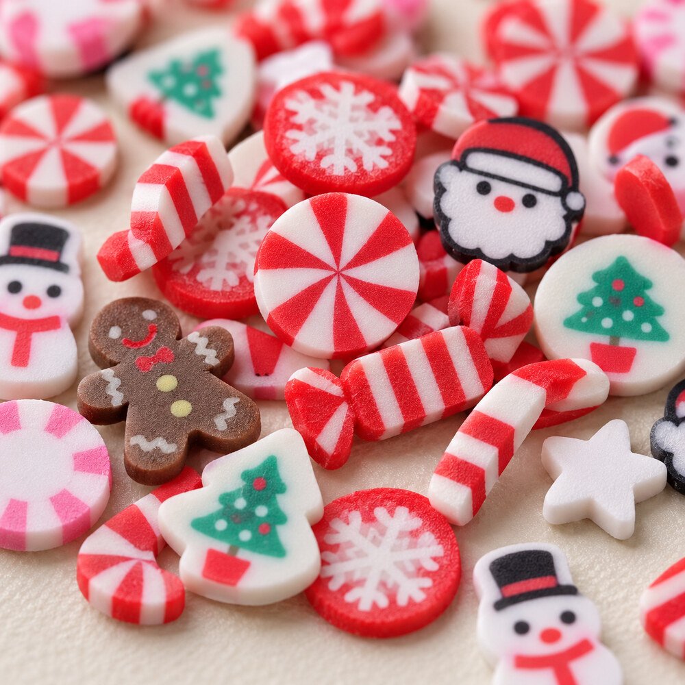 YX4019 Wholesale 3D Christmas Polymer Clay Sprinkles with Snowman, Tree and Candy Cane Designs detail view