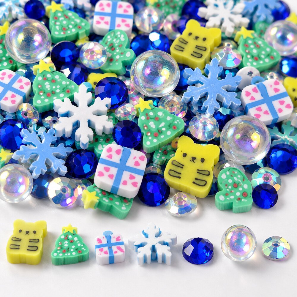 YX4103 Wholesale Christmas Clay Slice Mix with AB Rhinestones, Pearls and Snowflake Tree Designs detail view