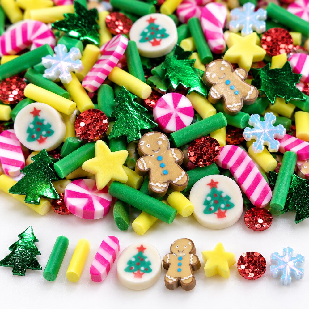 YX4109 Wholesale 500 g Christmas Polymer Clay Slices with Candy Cane, Tree and Gingerbread Designs detail view