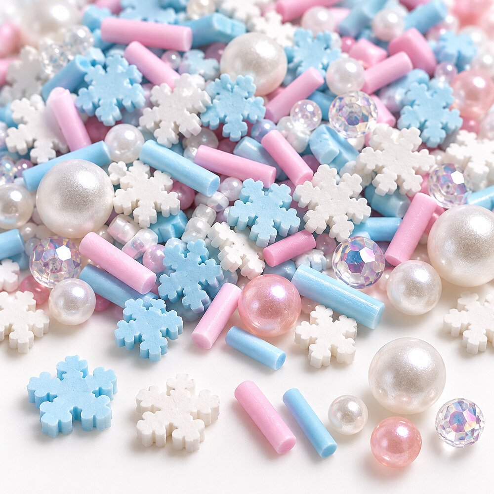 YX660 Wholesale Blue, Pink and White Snowflake Clay Sprinkle Mix with Pearls for Winter Crafts detail view