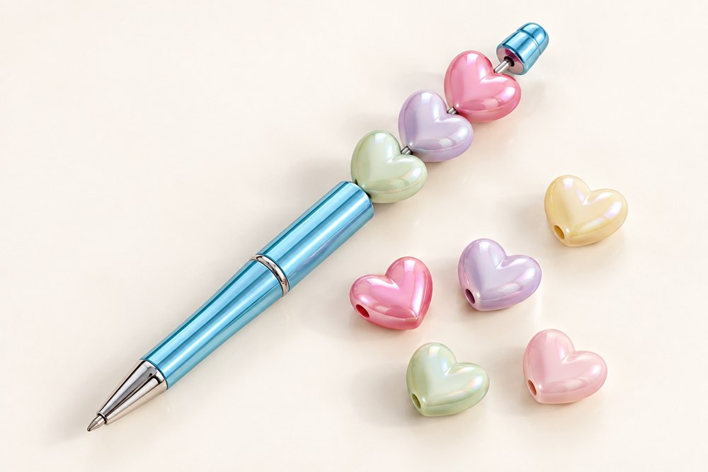 Illustrated styling concept: a pale blue beadable pen with pastel heart beads on an ivory background.
