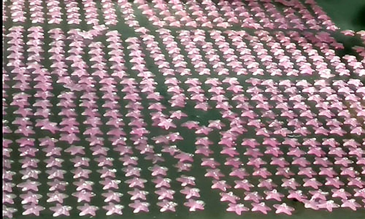 Rows of pink resin pieces drying after molding