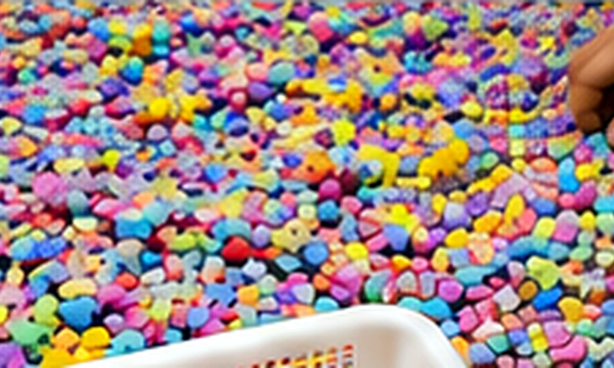 Colorful small craft pieces being hand picked and quality sorted