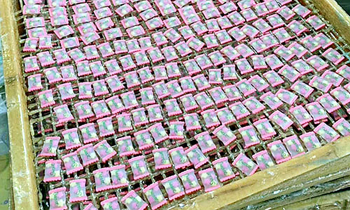 Finished pink pieces arranged for UV drying and curing