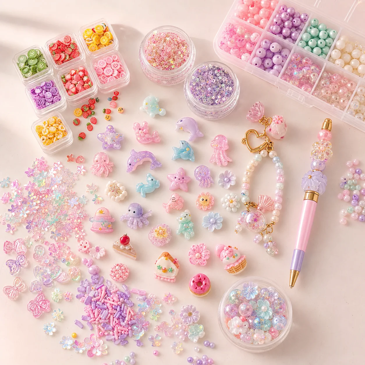 Pastel polymer clay slices, resin charms, acrylic beads, sequins, keychain and beadable pen arranged as a wholesale craft supply range