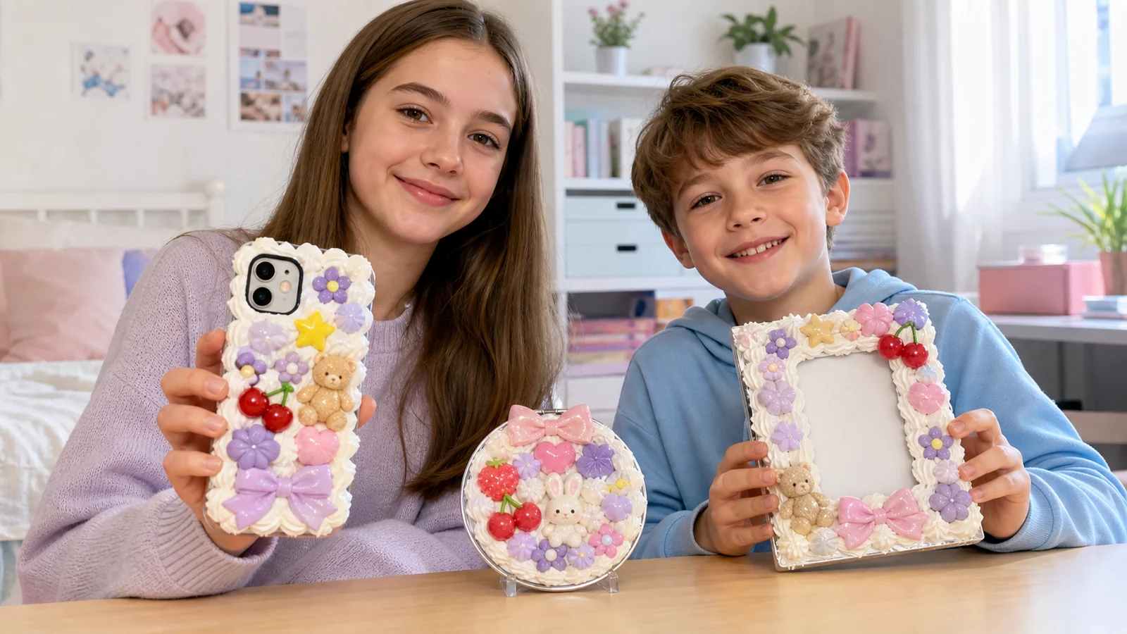 Two children showing finished decoden phone case, hand mirror and photo frame
