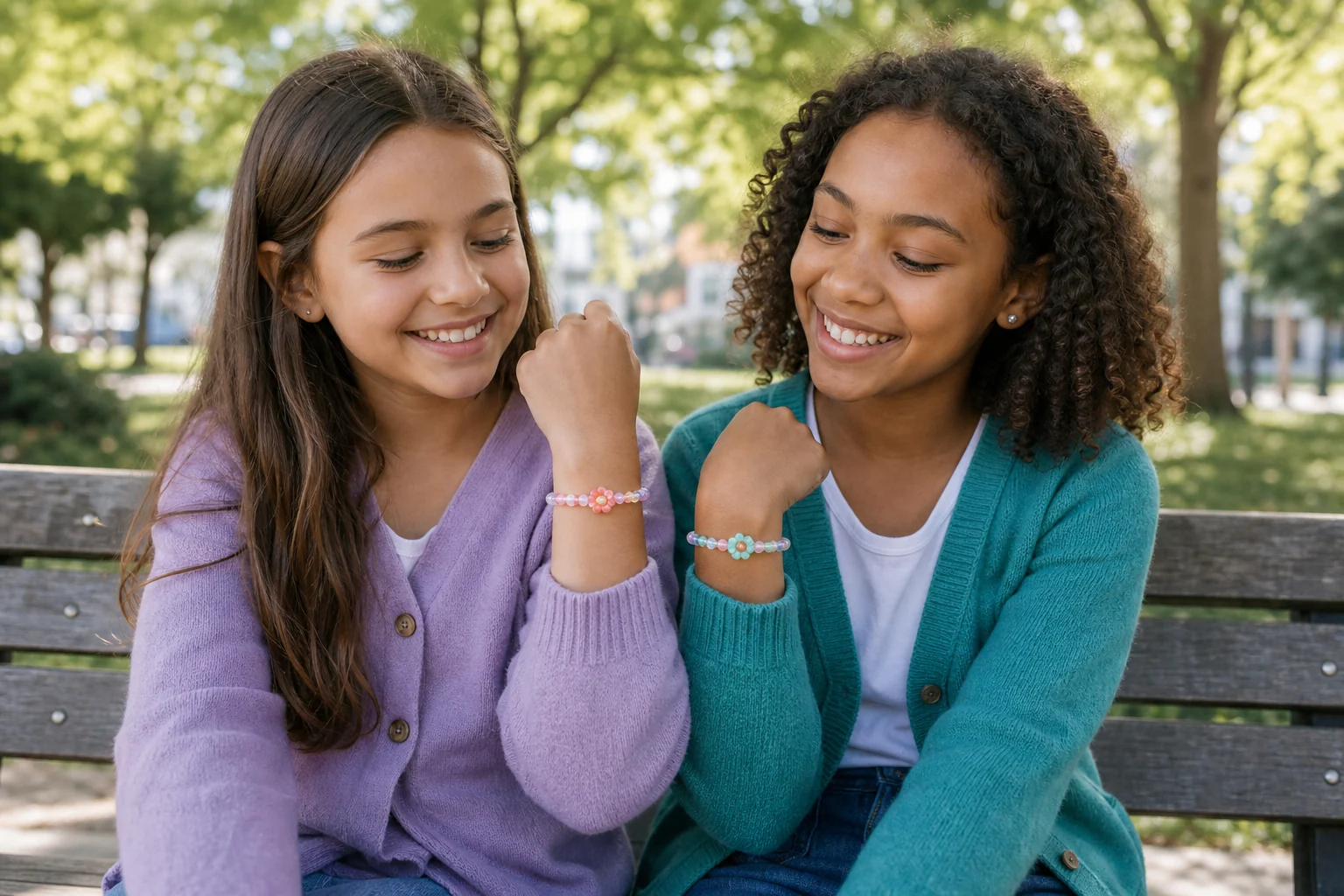 Two friends wearing matching finished pastel bead bracelets