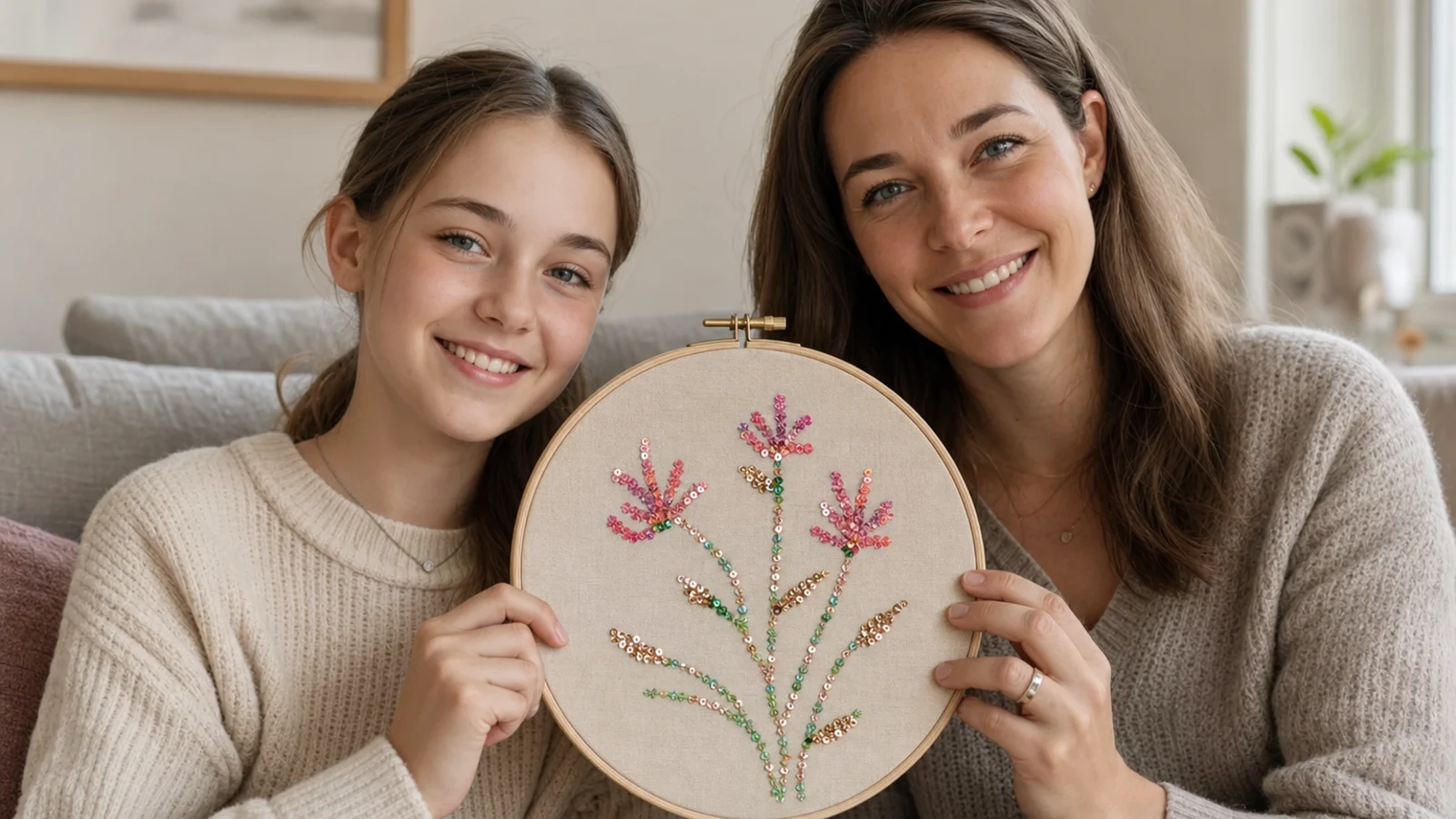 Parent and child presenting finished floral sequin embroidery in a hoop