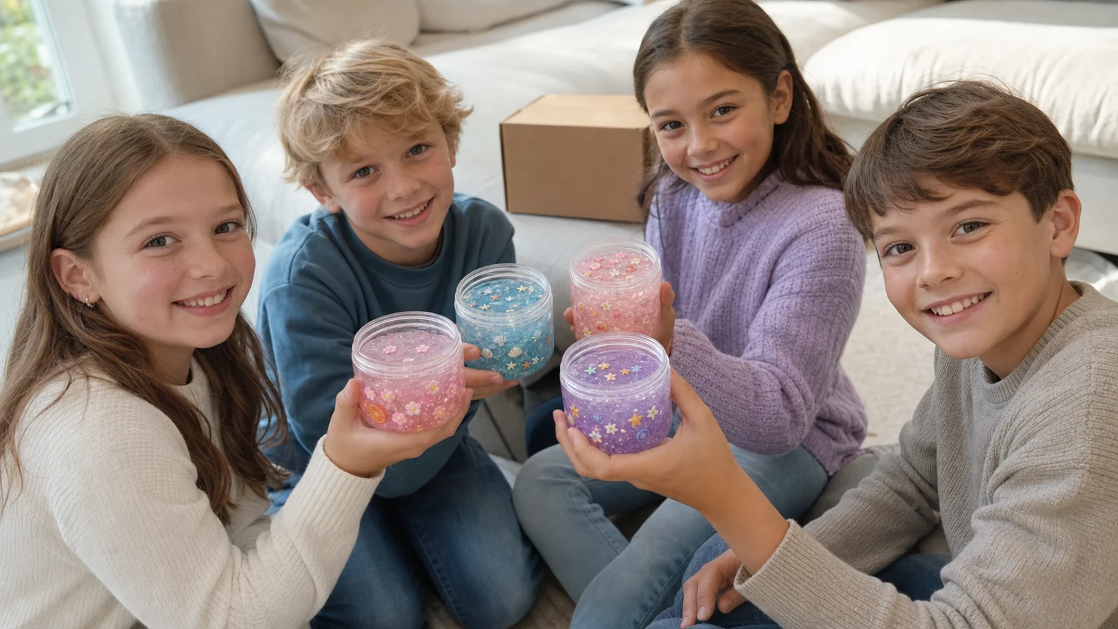 Four children showing finished pastel slime jars in different themes