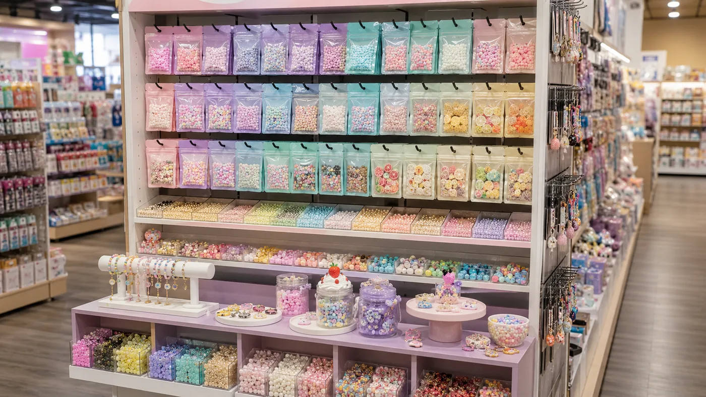 Boutique display of hanging craft supply packets